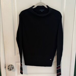 Tommy Hilfiger Black Sweater with Red and White Striped Cuffs
